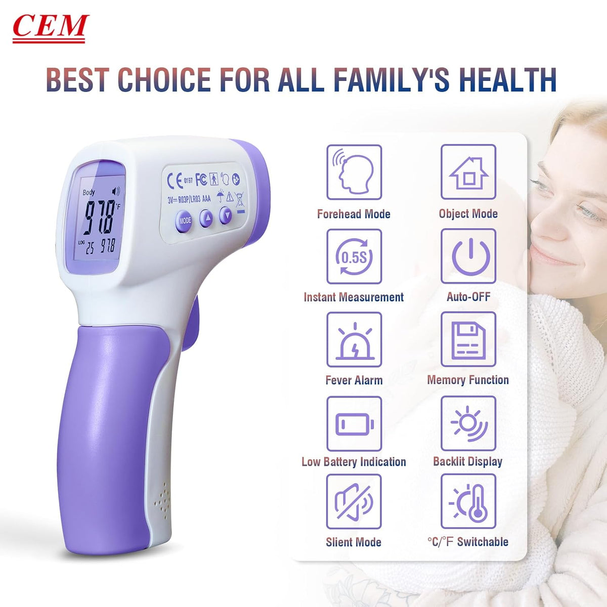 CEM DT-8806 Digital Thermometer for Adults and Kids, No Touch Forehead Thermometer for Baby, 2 in 1 Body Surface Mode Infrared Thermometer with Fever Alarm and Instant Accuracy Readings, Purple