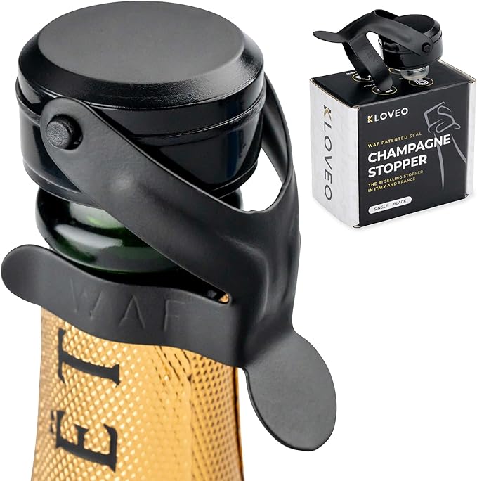 KLOVEO Champagne Stopper Black - Patented Seal - Made in Italy - WAF Plastic Bottle Stopper - Prosecco, Sparkling Wine, Cava