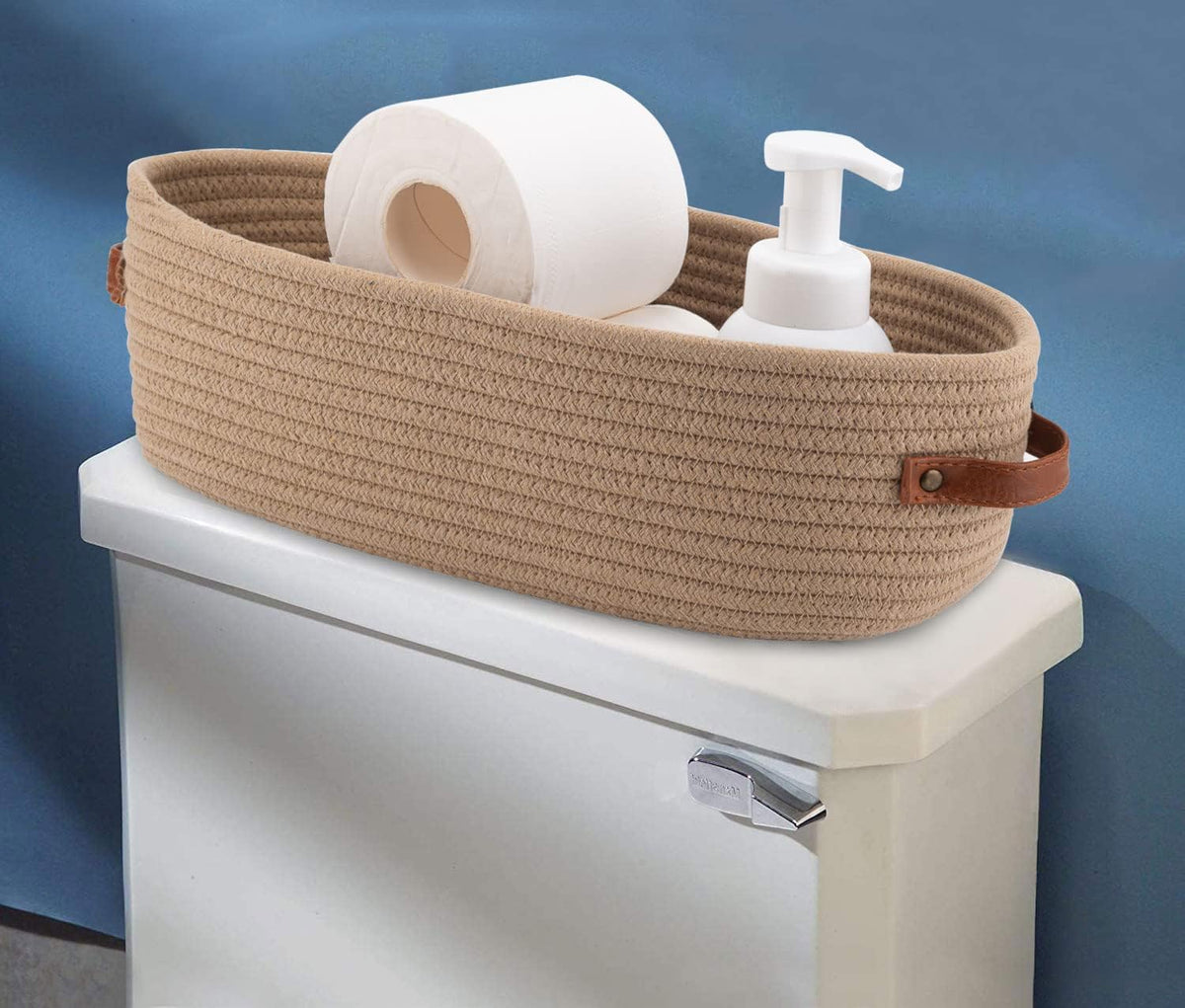 Storage Basket Boho Decor Baskets for Organizing Woven Decorative Basket for Countertop Toilet Paper Basket for Toilet Tank Top Shelf Basket with Handle Khaki