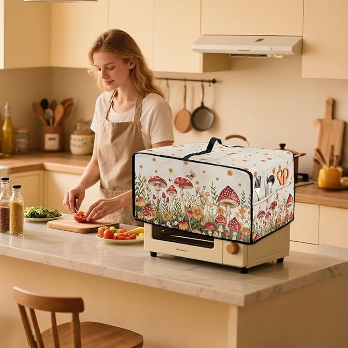 Air Fryer Toaster Oven Cover Fabric Convection Oven Cover with Pockets, Washable Small Appliance Dust Protection for Kitchen Home, L, 18.5 x 22.5 x 13 inches, Mushroom Floral
