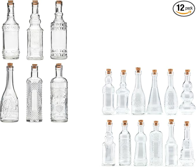 BULK PARADISE Decorative 6 Pack Clear Glass Bottles and Small Mini 12 Pack Clear Glass Bottles
