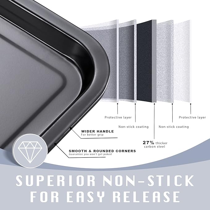 HONGBAKE 2 Pack Quarter Sheet Pan for Baking - Nonstick 13.8 x 9.8 Small Cookie Sheet with Wider Grips, 27% Thicker Carbon Steel Commercial Oven Tray - Black
