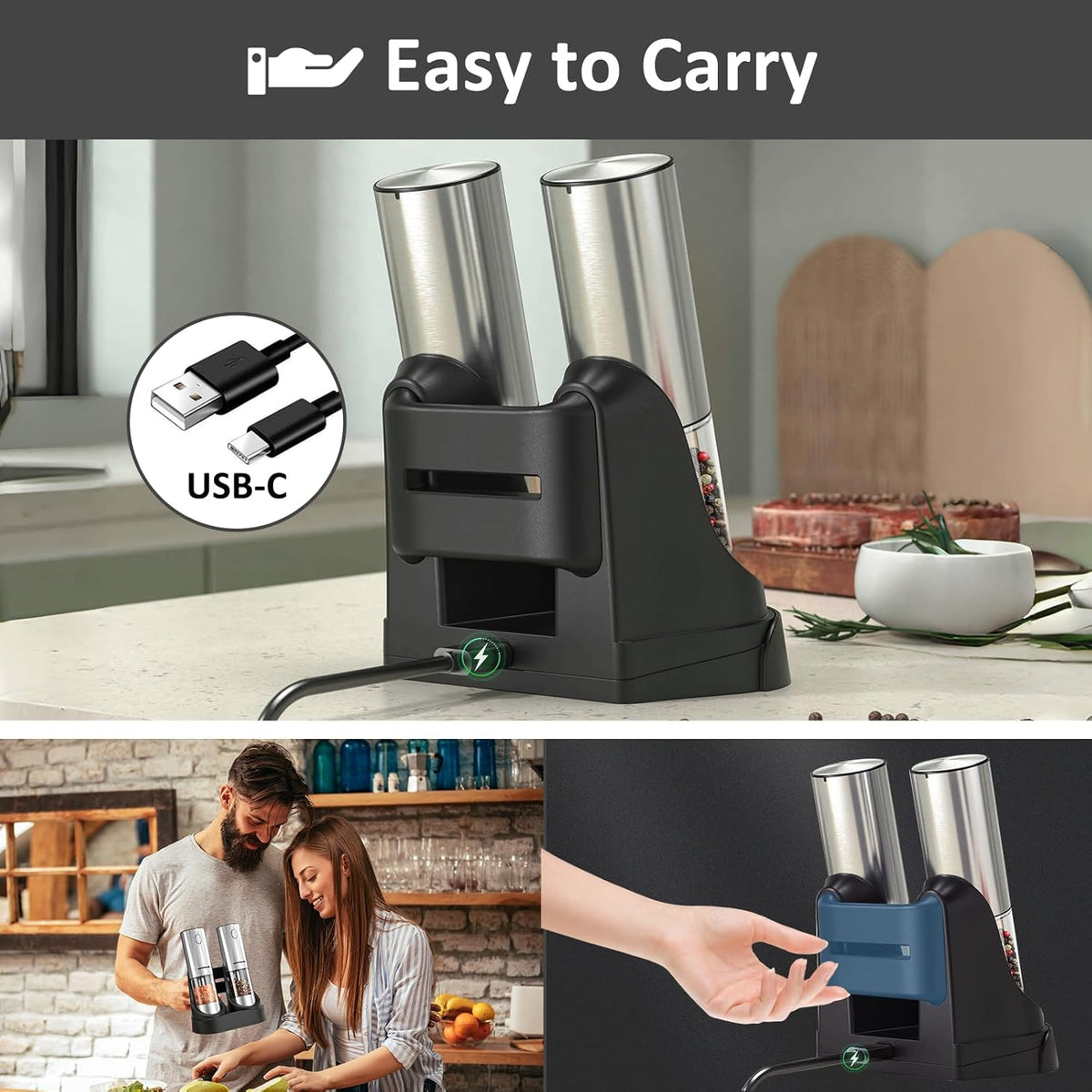 Electric Salt and Pepper Grinder Set USB Rechargeable Base, Stainless Steel Automatic Pepper and Salt Shakers with Adjustable Coarseness, LED Light, Ideal Gifts for Housewarming, Parents, Friends