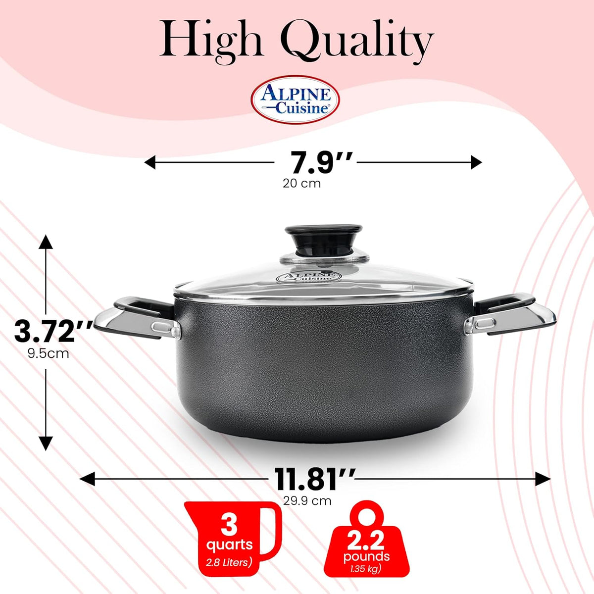 Alpine Cuisine 3 Quart Non-stick Stock Pot with Tempered Glass Lid and Carrying Handles, Multi-Purpose Cookware Aluminum Dutch Oven for Braising, Boiling, Stewing
