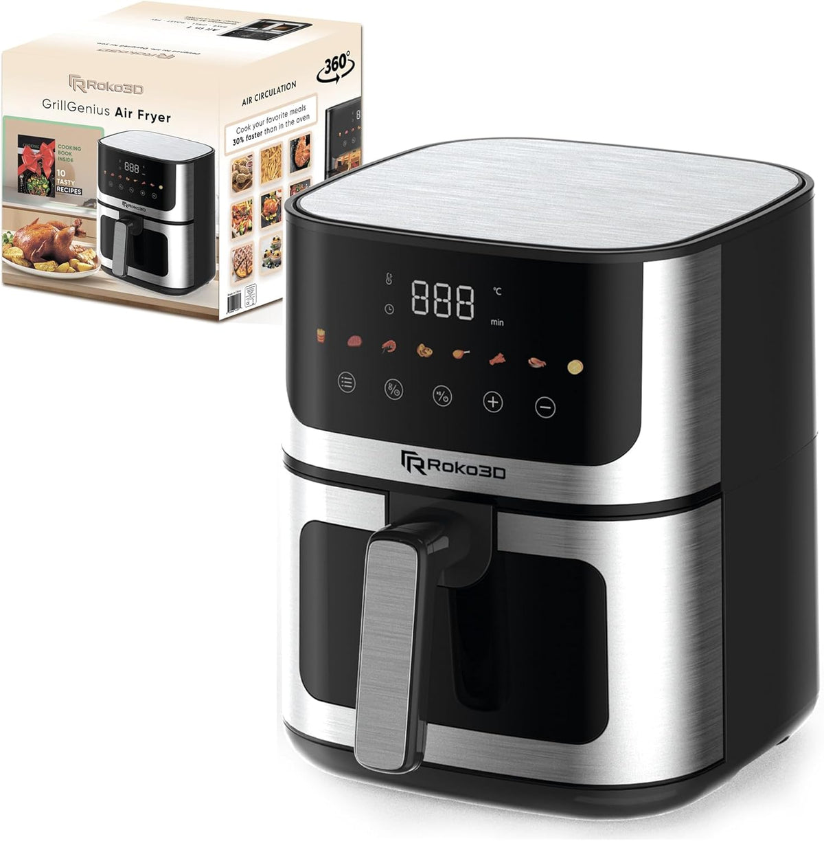 Stainless Steel Air Fryer ROKO 3D with Visible Window - 5Qt Capacity for 3-5 Persons | 18 in 1 - Fry, Bake, Toast, Broil, Reheat without Oil - 1400W, Dishwasher Safe, Luxury Black and Silver