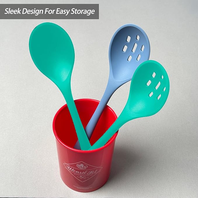 Silicone Spoons for Cooking - Extra Large Kitchen Spoons for Mixing, Serving, & Stirring - 600°F Heat-Resistant Non Stick Utensils Ladle & Skimmer- Dishwasher Safe, Teal
