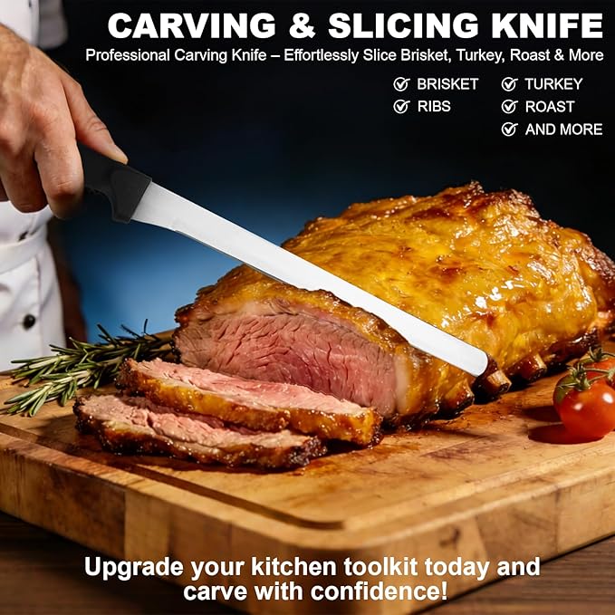 Carving Knife & Slicing Knife - Professional Sharp High Carbon Stainless Steel Blade, Ergonomic Plastic Handle - For Roasts, Turkey, Sashimi, Ham & Meat (S)