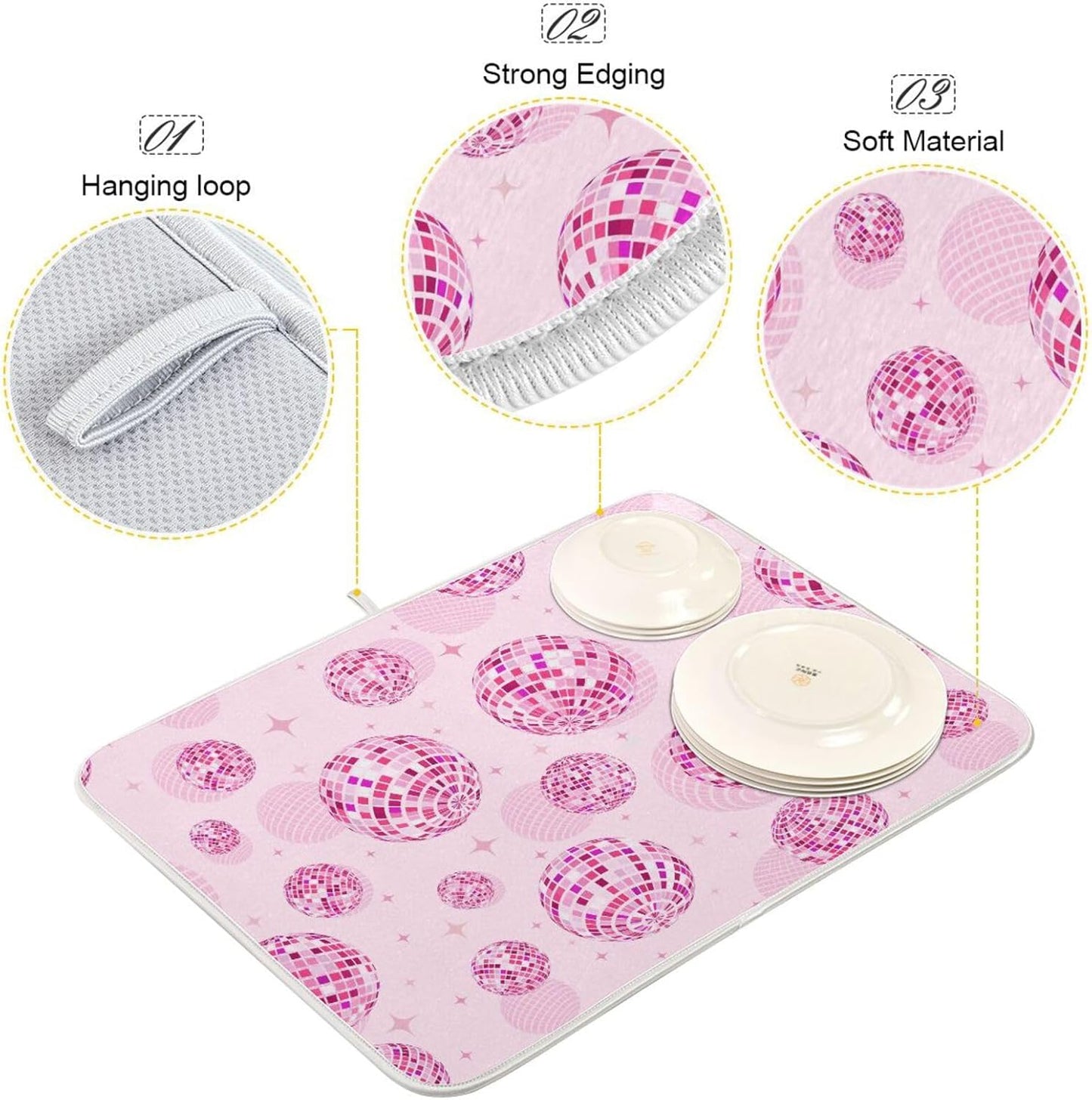 Disco Balls Pink Dish Drying Mat for Kitchen Counter Absorbent Microfiber Drying Pad, Medium 16x18 in, Reversible Drainer Mats