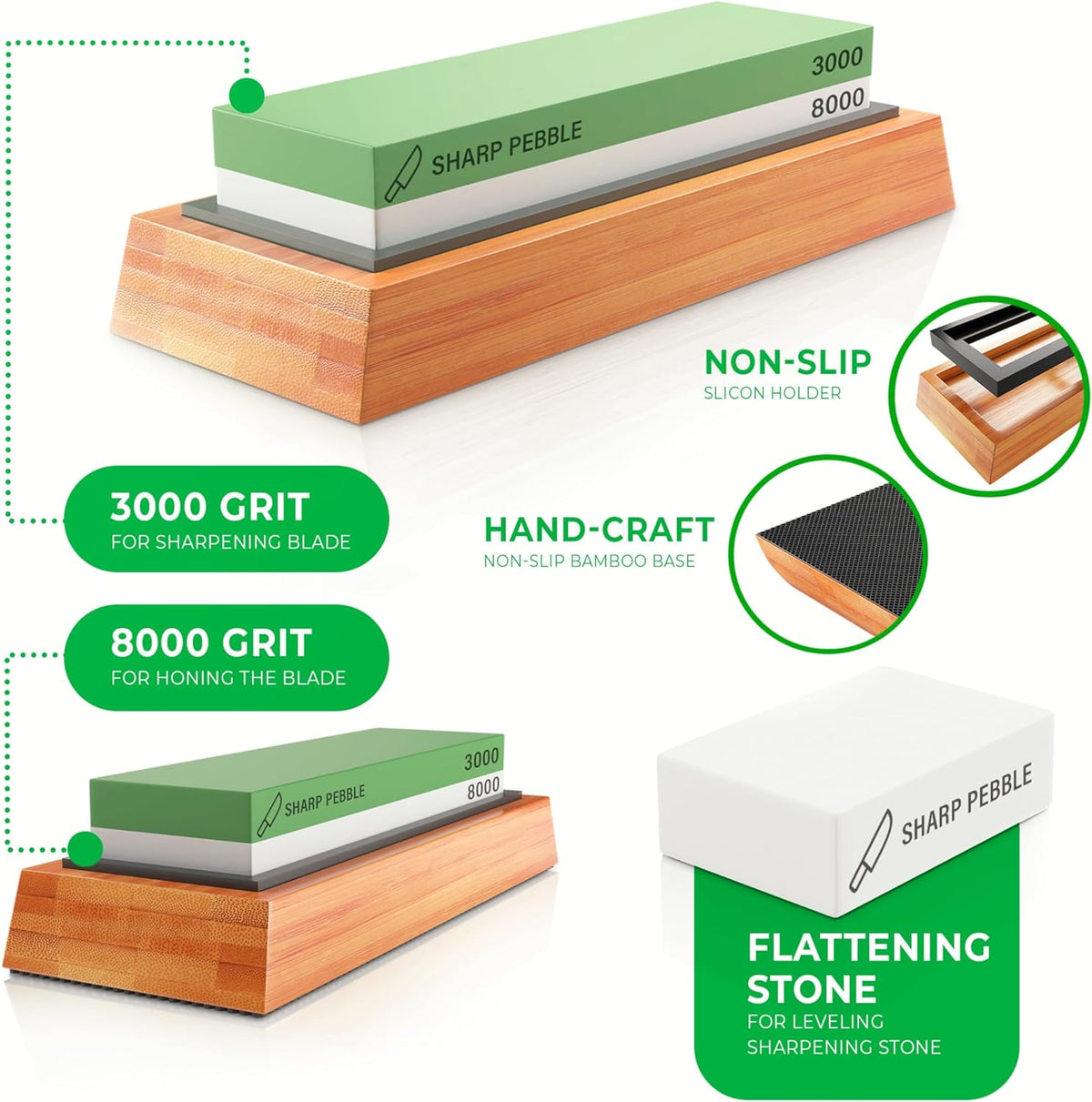 Sharp Pebble Premium Whetstone Knife Sharpening Stone 2 Side Grit 3000/8000 Wetstone Kit -Wetstone Kitchen Knife Sharpener with Non-Slip Bamboo Base & Flattening Stone