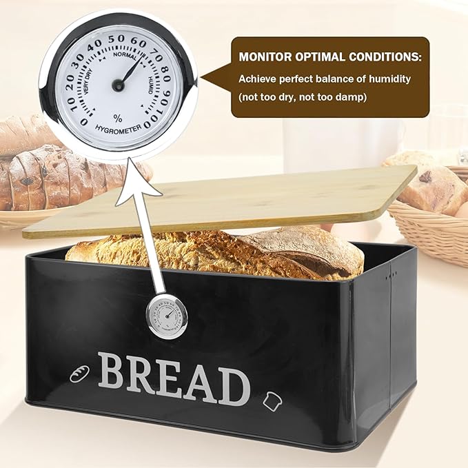 Black Bread Box for Kitchen Countertop with Bamboo lid, Hygrometer Kitchen Organizer for Sourdough, Buns, and Loaves, Bread Storage Container with Cutting Board Lid