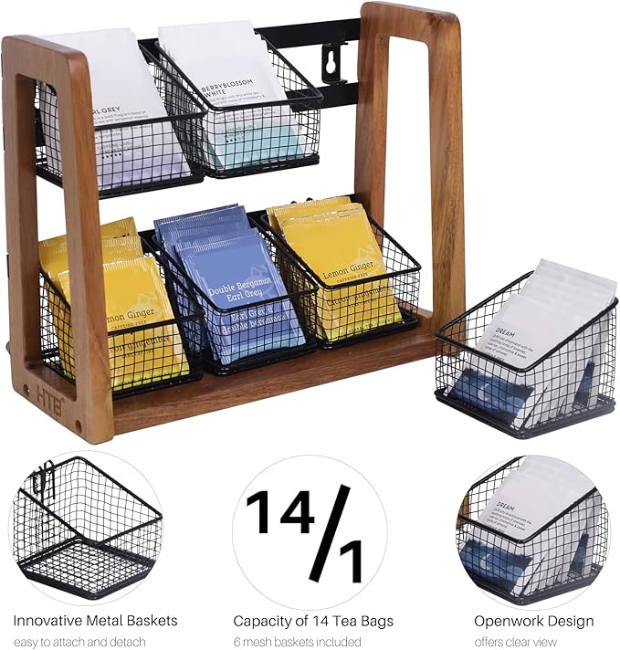 HTB 2 Tier Tea Organizer for Tea Bags, Tea Bag Holder with Acacia Wood Stand and 6 Removable Metal Basket for Sugar Packets, Sweeteners, Creamers for Cabinet, Countertop or Wall-mounted