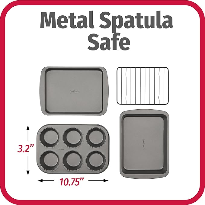 GoodCook 4-Piece Nonstick Steel Toaster Oven Set with Sheet Pan, Rack, Cake Pan, and Muffin Pan, Gray, 4-Piece Set Distributes Heat Evenly, Nonstick Coating, Dishwasher-Safe