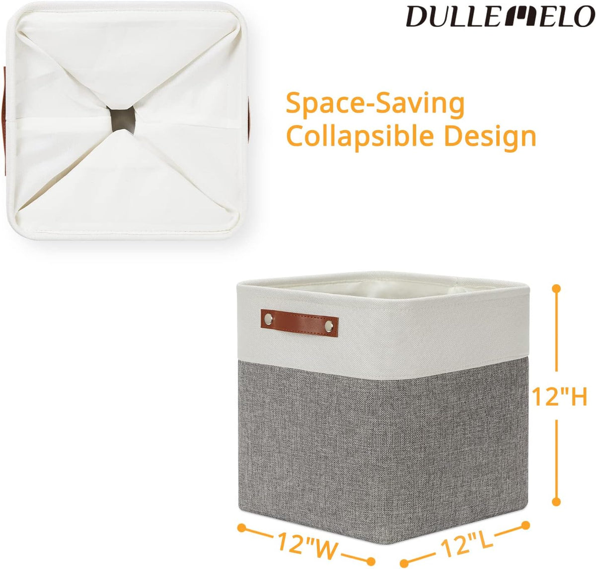 DULLEMELO [Set of 4 Storage Cubes Baskets for Organizing, 12 x 12 x 12 inch Cube Storage Organizer Bins with Leather Handles, Foldable Fabric Cloth Bins for Cube Storage(4 Pack - 12" White&Grey)