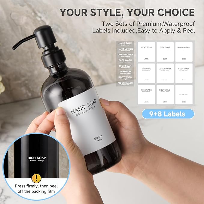 2 Pack Kitchen Soap Dispenser Set - 16oz Black Glass Dish and Hand Soap Dispenser with Stainless Steel Pump, Instant Dry Tray, Dish Brush & Holder, Refillable Countertop Sink Decor for Kitchen & Bath
