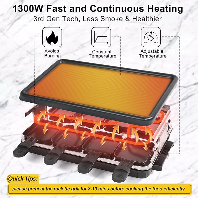 Electric Raclette Grill & Korean BBQ - 8 Non-Stick Cheese Trays, 1300W with Temperature Control, Dishwasher-Safe Indoor Grill for Family Gatherings & Interactive Dinner Parties