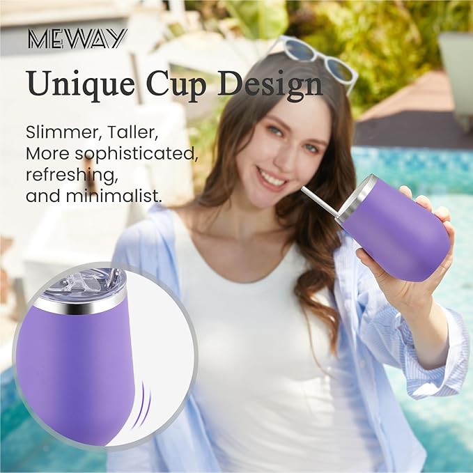 MEWAY Stainless Steel Wine Tumbler with Lid and Straw 12oz - Stemless Insulated Wine Cup Glass for Coffee,Cocktails,Drinks,Champagne, and Office Use, Ideal for Parties and Gifts(Purple,1)