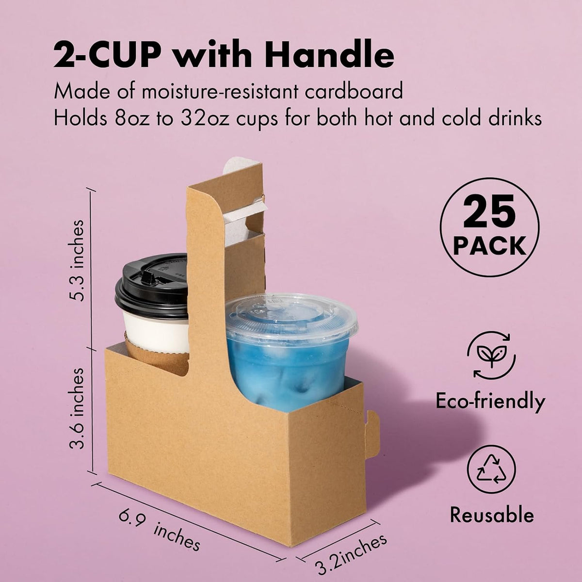 FMP Brands 2 Cup Disposable Drink Carrier with Handle, 25 Pack Kraft Paperboard Handled Drink Carriers 12-30 oz to Go Coffee Cup Holder, Cup Carrier for Cold Hot Drinks, Takeout, Cafe