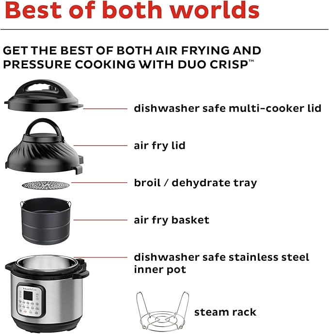 Instant Pot Duo Crisp 11-in-1 Air Fryer and Electric Pressure Cooker Combo with Multicooker Lids that Fries, Steams, Slow Cooks, Dehydrates,Free App With Over 800 Recipes, Black/Stainless Steel, 8QT