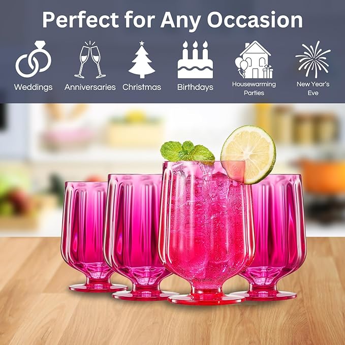 Khen 15oz Unbreakable Premium Drinking Glasses Set of 4 - Super Grade Acrylic Plastic - Perfect For Gifts - European Style Shatterproof BPA-free Glassware Dishwasher-Safe, Indoor & Outdoor (Hot Pink)