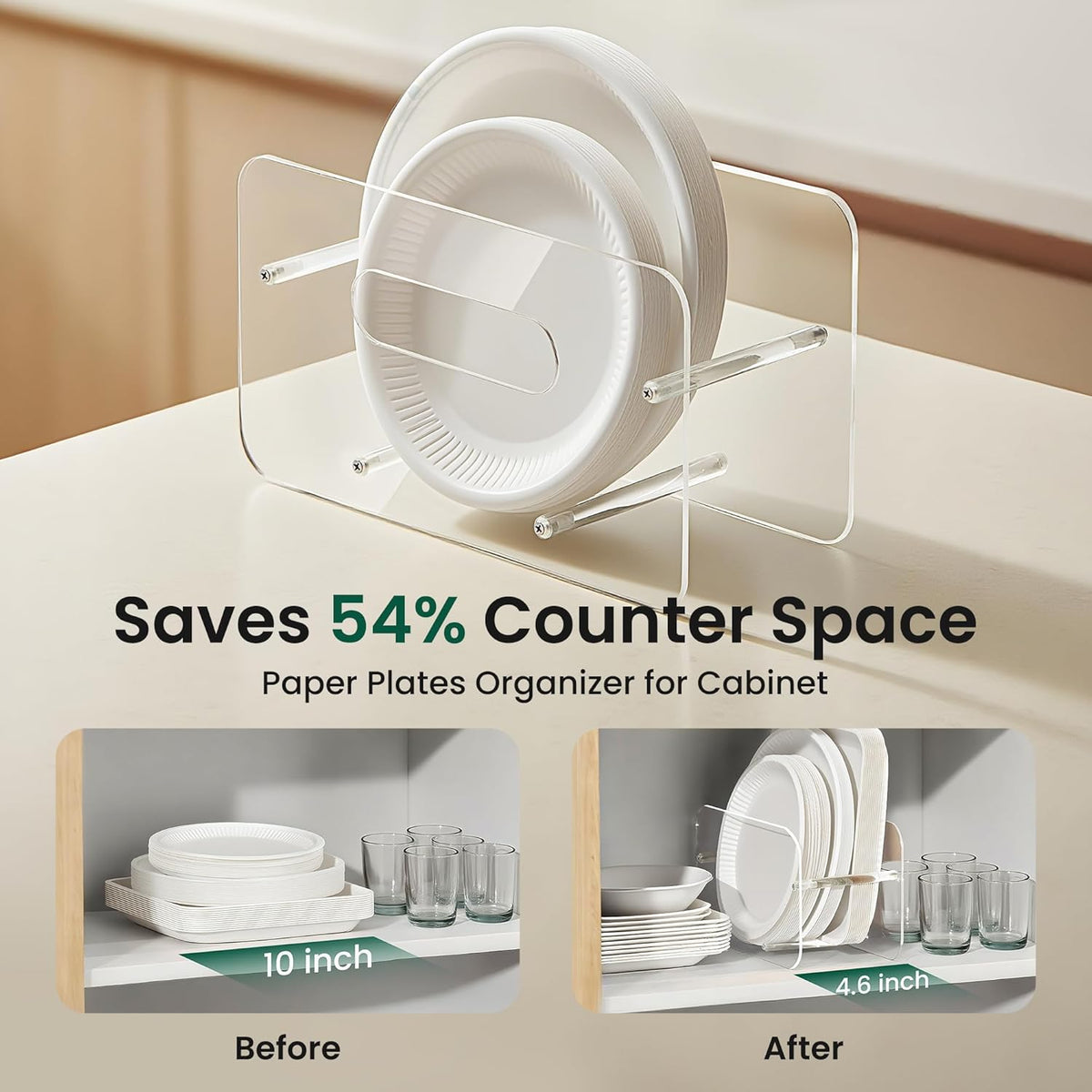 Disposable Paper Plate Dispenser for 7-12 Inch,Clear Acrylic,Round/Square Plastic, Foam & Paper Storage Organizer, for Cabinet, Countertop, Rv or Outdoor Use