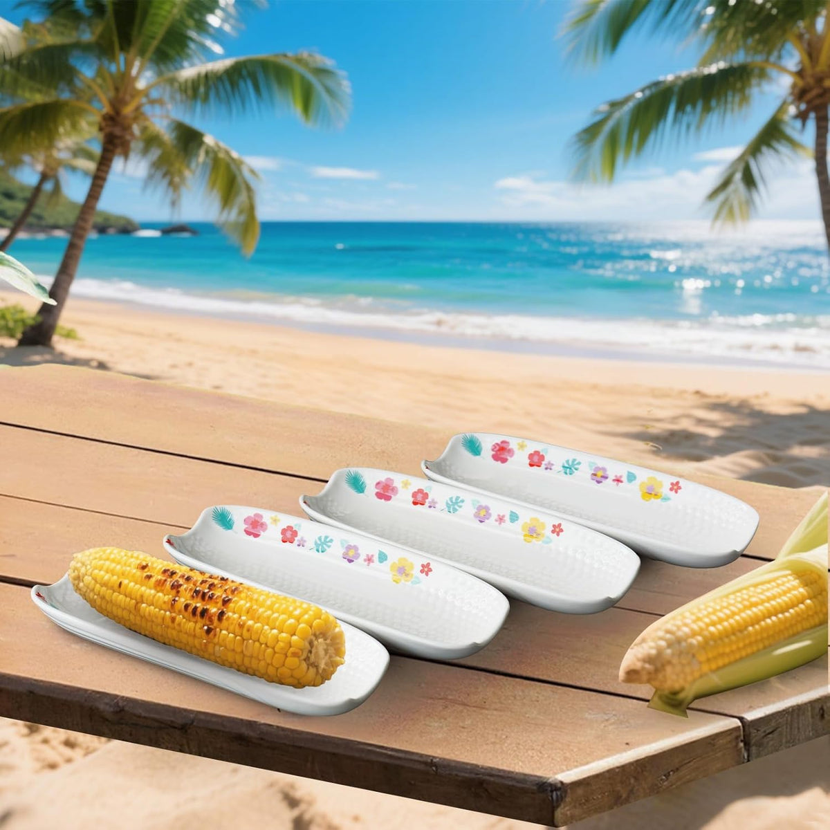 Cinf Ceramic Corn Cob Holders 8.8" Corn Dishes Set of 4 Trays Non-slip Bottom Microwave Dishwasher Oven Safe (Hawaii Flower)