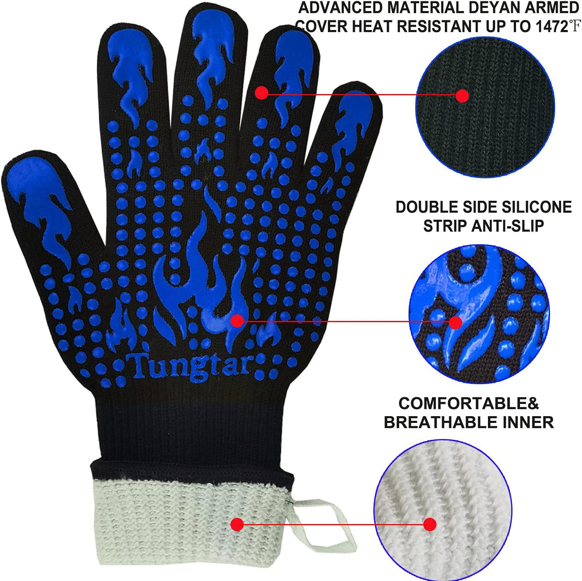 Oven Mitts Heat resistan BBQ Heat Proof Glove 1472℉ 14Inch Grill Glove for Men BBQ Gloves Gift Set for Cooking, Oven,Grilling, Baking, Welding (Long Cuff, Blue)