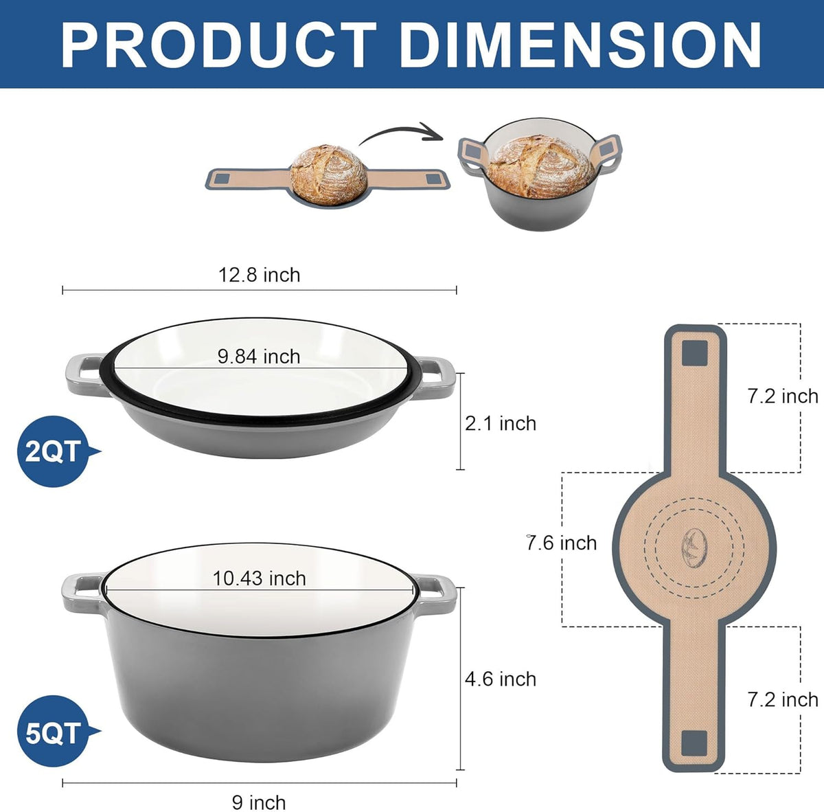 E-far 5 Quart Enameled Cast Iron Dutch Oven, 2 in 1 Dutch Oven Pot with Skillet Lid and Silicone Bread Sling, Ideal for Bread Baking, Cooking, Stewing, Frying, Induction & Oven Safe - Grey