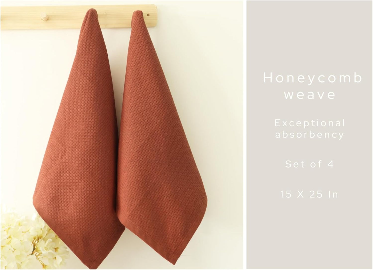 PurpleEssences Rust Waffle Weave Kitchen Towel, 100% Cotton - 15 x 25 Inches, with Hanging Loop Ultra Soft Absorbent Quick Drying Dish Cloth, Tea and Hand Towels, 4 Pack - Spring Summer - Rust