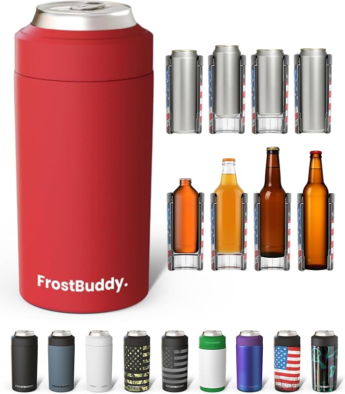 Frost Buddy Universal Buddy Can Cooler - Fits All - For Regular 12 & 16 oz or Slim-Size Bottles - Insulated Double-Walled Stainless Steel (Crimson)
