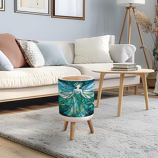 Trash Can with Lid Delicate Flower Fairy Teal Stained Glass Art Press Top Round Small Garbage Bin with Wooden Legs Waste Basket for Kitchen Bedroom Nursery 7L/1.8 Gallon