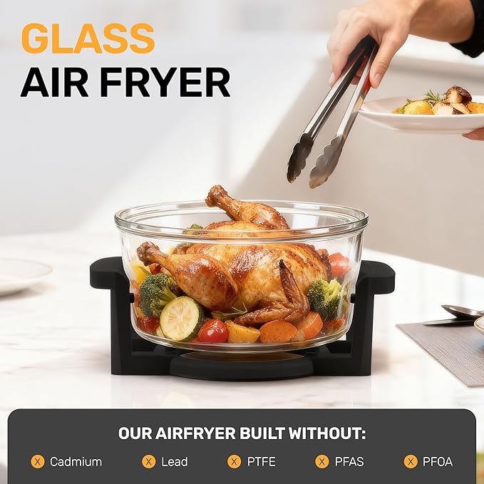 Granitestone 16Qt Large Glass Air Fryer Non Toxic – Family Sized Airfyrer Cooker with 3 Cooking Sections, Stainless Steel Racks, for French Fries, Chicken, No Preheat, Self Cleaning, Dishwasher Safe