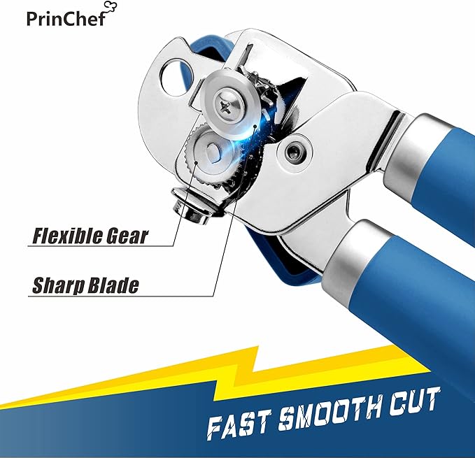 PrinChef Can Opener Manual, Can Tin Bottle Opener with Magnet - No-Trouble-Lid-Lift, Handheld Can Opener Smooth Edge with Sharp Blade, Heavy Duty and Easy to Use, for Seniors with Arthritis, Blue