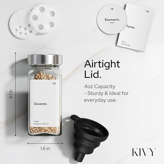 KIVY Glass Spice jars with Label & Shaker Lids [24x 4oz] Airtight Seasoning Containers for Cabinet & Drawer - Empty Spice Bottles - Seasoning jars with labels - Spice jars with stainless steel lids