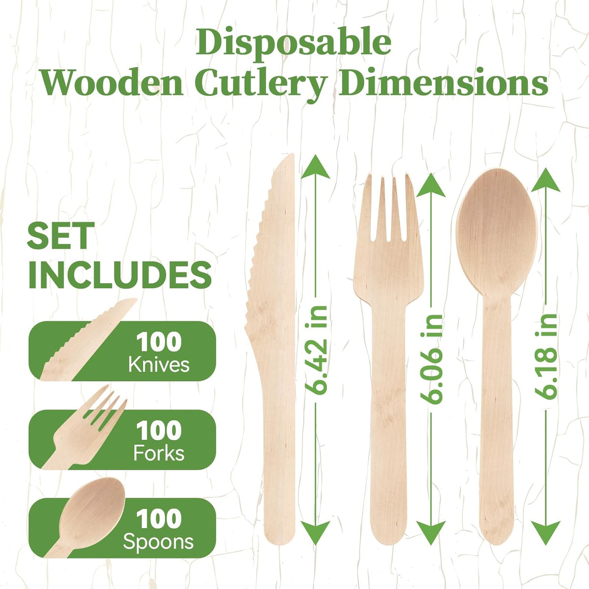 ECOLipak 300 Count Disposable Wooden Cutlery Set, 100 Knives, Forks and Spoons each, Splinter-Free Compostable Wooden Disposable Utensils for Party, Camping, Traveling, Family Dinners