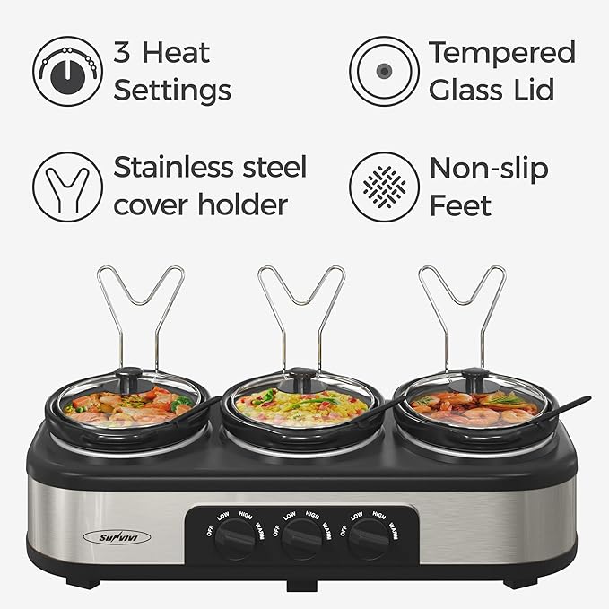 Sunvivi Triple Slow Cooker, Buffet Server & Warmer with 3 Removable Ceramic Pots, 3 Adjustable Temp Settings & 3 Metal Lid Rests, Stainless Steel, 3 * 1.5 Quarts Silver