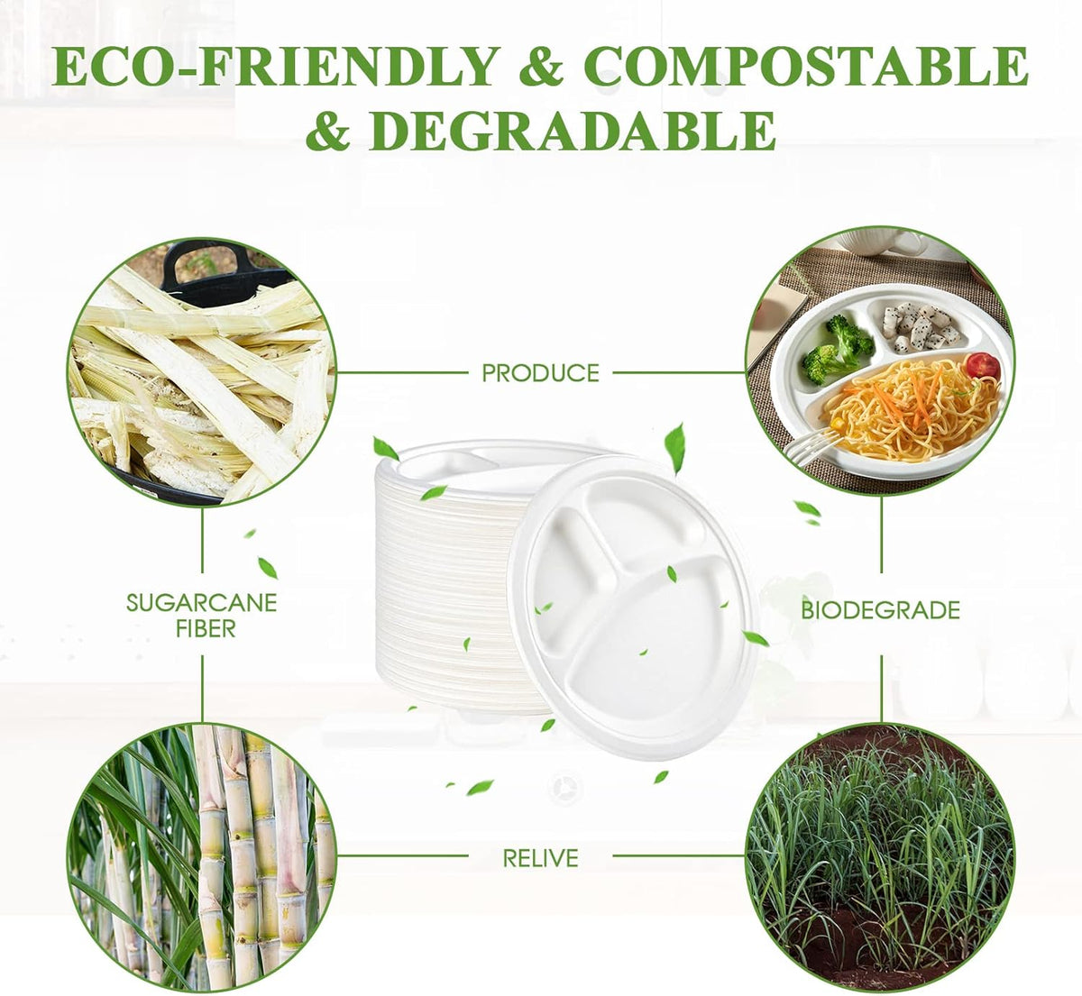 Vplus 100% Compostable Paper Plates, 150 Pack 9 Inch 3 Compartment Plates Disposable, Heavy Duty Biodegradable Plates Made of Sugar Cane Fibers, for Daily meals, Dinner, Parties, BBQ