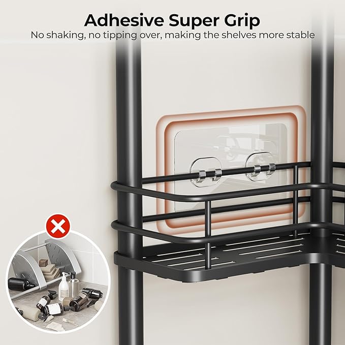 Orimade Rustproof 4 Tier Floor Standing Corner Shower Caddy Organizer with Toothbrush Holder, Large Spacing Floor Shower Shelf Rack Storage Stands with Hooks for Bathroom Kitchen, Black