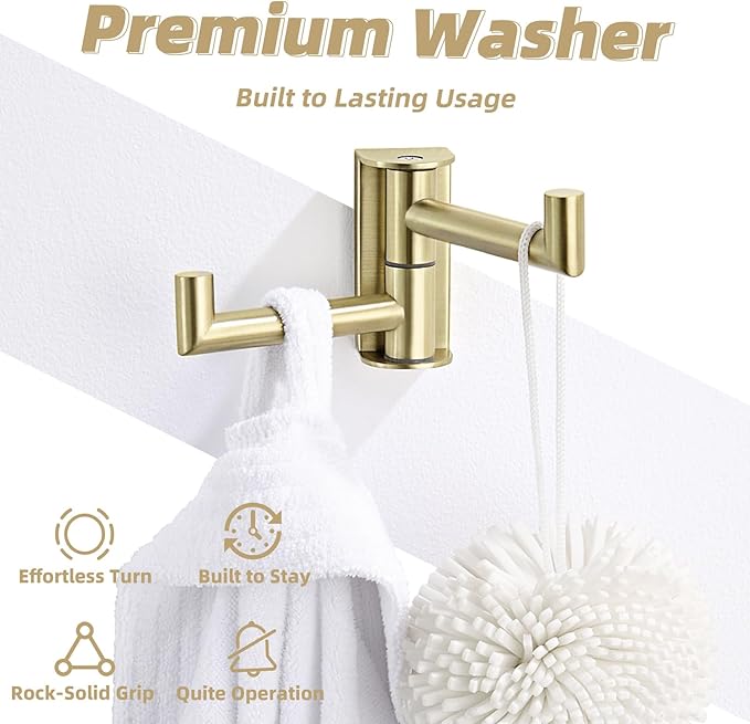 APLusee Brushed Gold Double Swivel Towel Hook, 304 Stainless Steel Foldable Towel Hanger, Space-Saving Wall Hook for Bathroom Kitchen RV