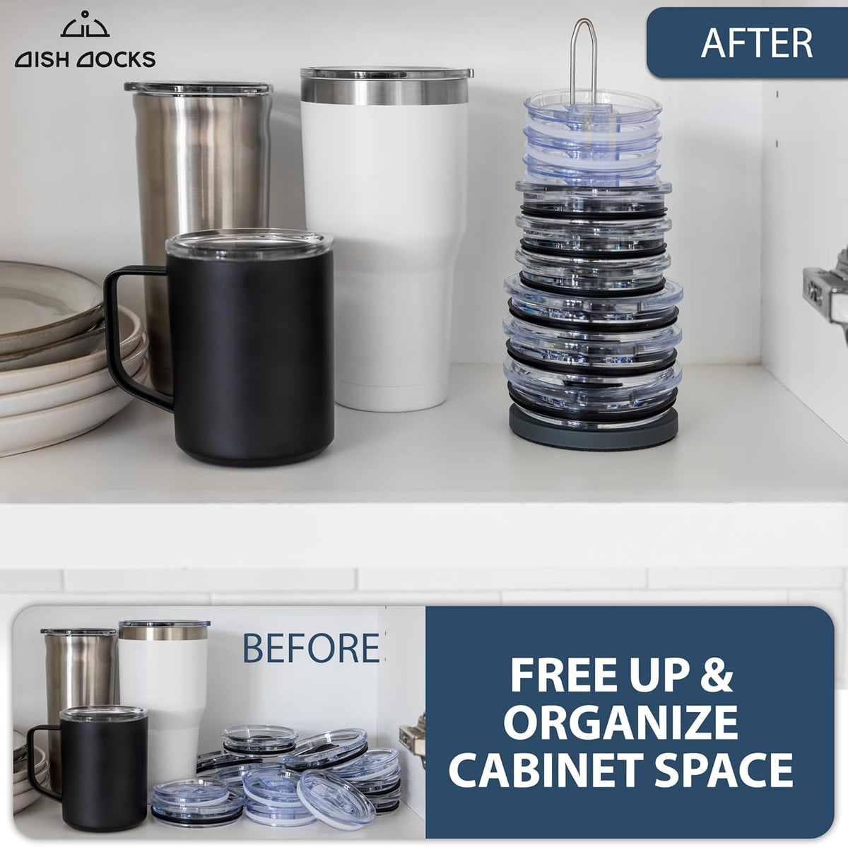 Tumbler Lid Organizer for Cabinet & Countertop - Slim Space-Saving Lid Holder with 9" Sturdy Bar & Weighted, Non-Slip Base - Vertical Storage Cup Lid Organizer - Collapsible Lid Rack for 10 Lids
