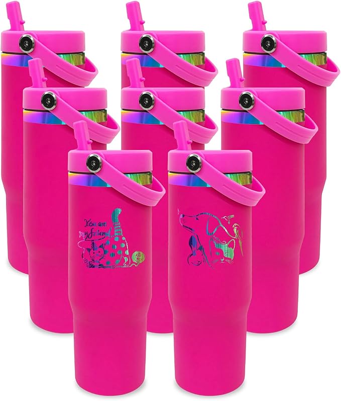 30 oz Tumbler Bulk with Handle and Straw, Vacuum Insulated Tumblers with Flip Straw and Top Handle, Leakproof Powder Coated Tumbler, Stainless Steel Travel Mug for Coffee Water (Rosy, 8 Pack)