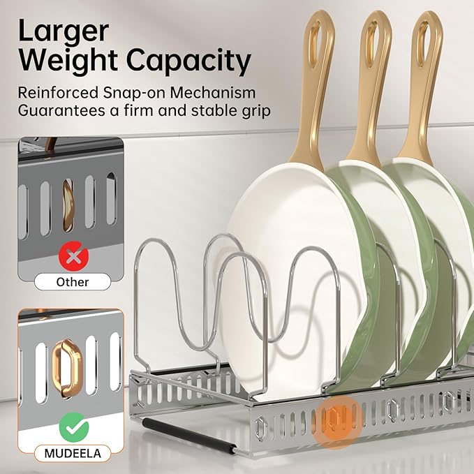 MUDEELA Pots and Pans Organizer Rack for under Cabinet, Expandable Pot Lid Kitchen Cabinet Organizer Holder with 10 Adjustable Compartment Cutting Board Organizer for Pan Lid Cookie Sheet Rack, Silver