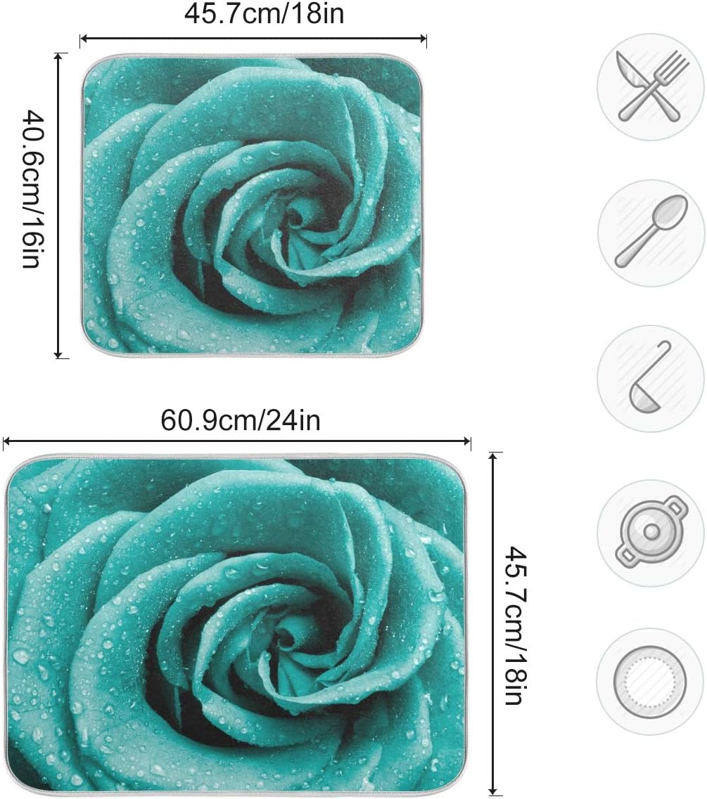 Super Absorbent Dish Drying Mat, Microfiber Fast-Drying Dish Mat, 24" x 18", Kitchen Dish Drying Pad Hipster Turquoise Rose Petals