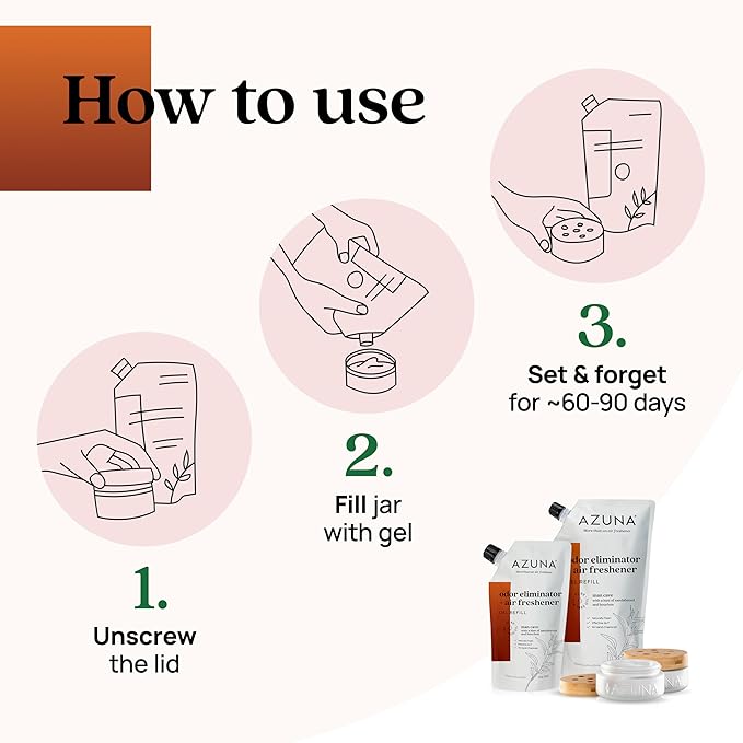Azuna Air Freshener & Odor Eliminator for Strong Odor | 4 Room Kit Includes (4) Empty Luxe Glass Jars & 24oz Gel Refill with Tea Tree Essential Oil | Sandalwood Scent | Last 60-90 Days
