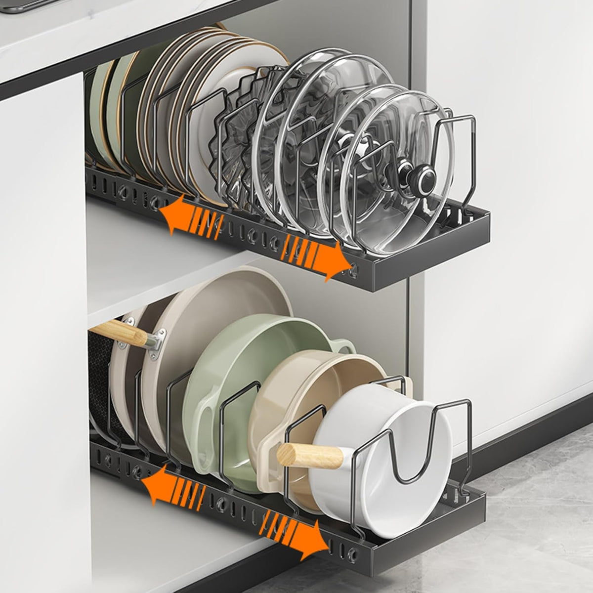 Pots and Pans Organizer for under Cabinet,Pull Out Cabinet Organizer with 8 Adjustable Dividers (Black, Sliding type)
