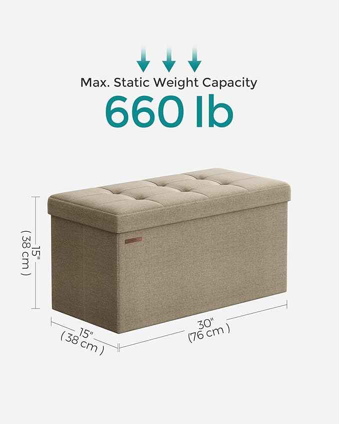 SONGMICS Mazie Collection - 30 Inches Folding Storage Ottoman Bench, Ottoman Foot Rest, End of Bed Bench, Storage Chest, Load 660 lb, for Living Room, Bedroom, Entryway, Camel Brown ULSF047R01