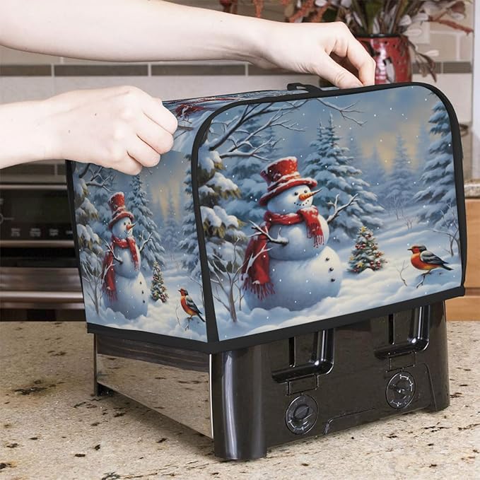 4 Slice Toaster Cover,Snowy Forest Christmas Tree Snowman Bird Small Kitchen Appliance Bread Machine Cover with Pockets,Dust & Fingerprint Protection