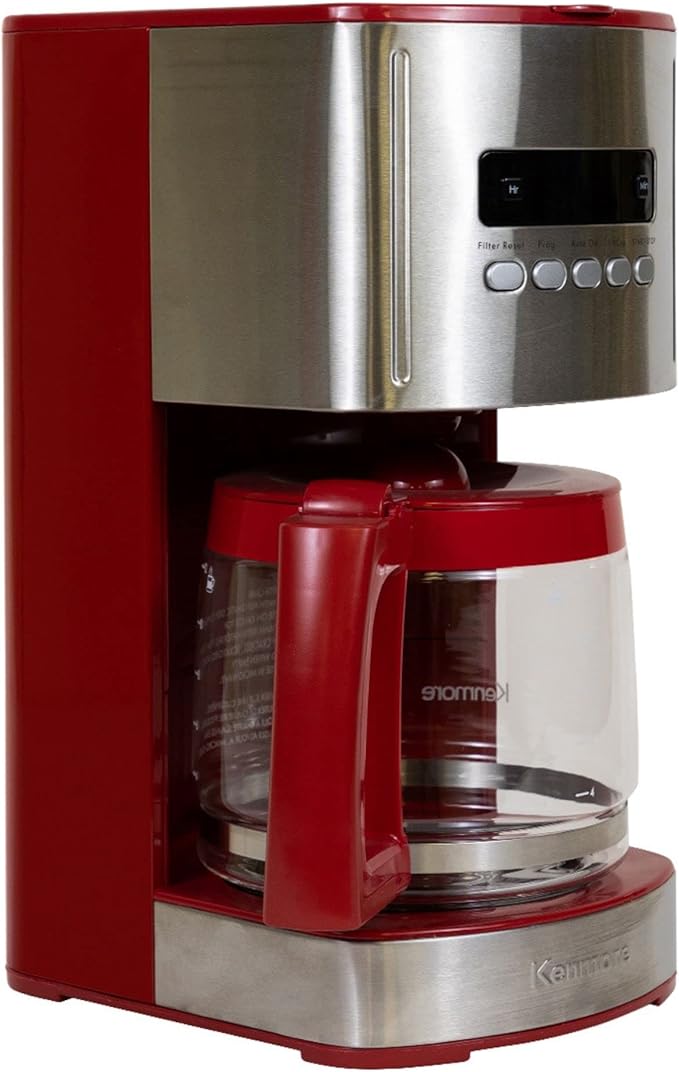 Kenmore Drip Coffee Maker - Programmable Cafe Machine With Glass Pot, Regular & Bold Brew, Auto Shut Off Large Water Reservoir, Reusable Filter, Kitchen Appliances For Cafeteria Barista, 12 Cup Red
