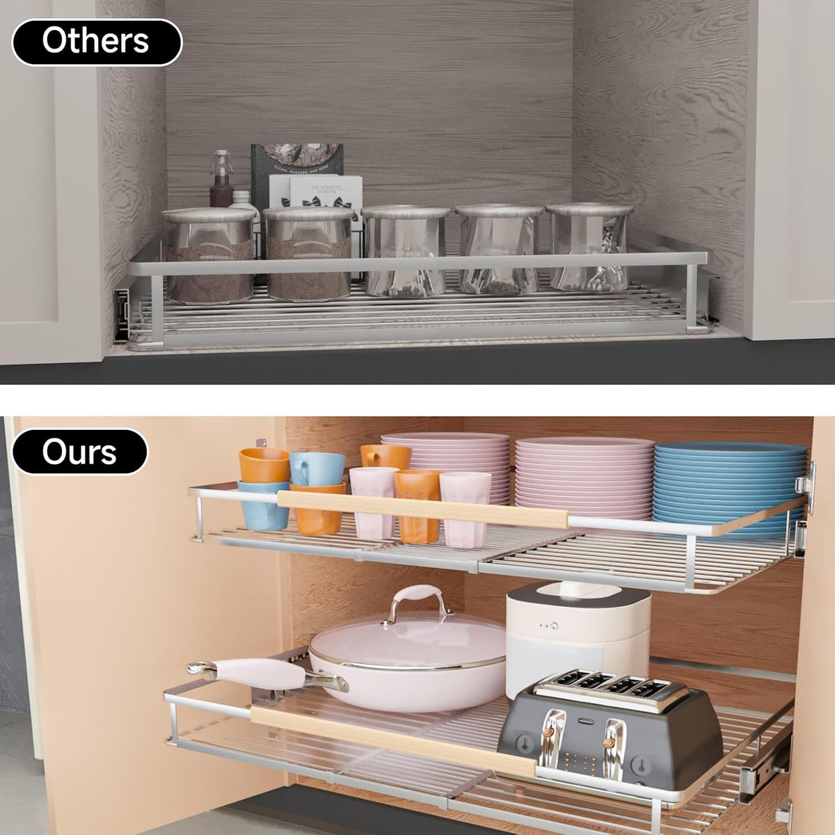 2Pack Expandable Pull Out Cabinet Organizer, Slide Out Drawers for Kitchen Cabinets, Heavy Duty Drawer Slides for Home Kitchen Pantry Cupboard Pots Pans, Adjustable Width 23.2"~39.9" W x 22.5''D