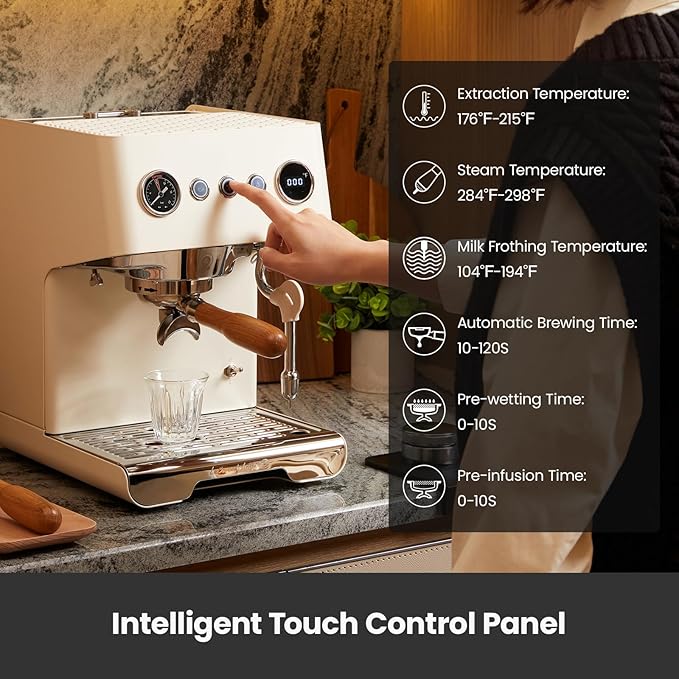 Gemilai G3028A Espresso Machine, 15 Bar Professional Coffee Maker with Adjustable Pressure & Automatic Milk Frother, Dual PID & 550ml Boiler, 57oz Tank, Stainless Steel for Cappuccino, Latte White
