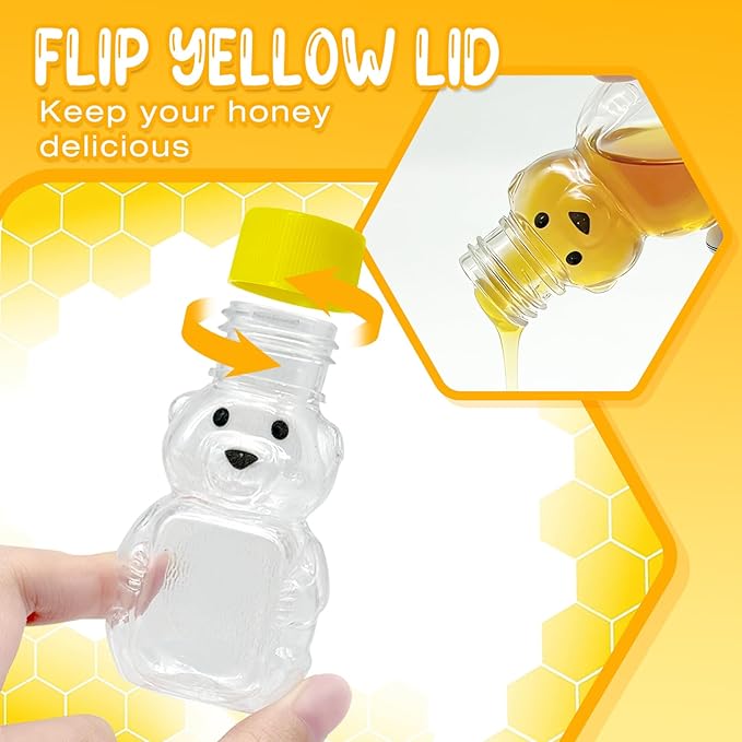 36 Pcs Honey Bear Bottle, 2oz Plastic Honey Squeeze Bottle Honeybear Squeeze Jars, Cute Mini Empty Container with Yellow Flip-top Lid for Syrup Sauce Juice Storing and Dispensing